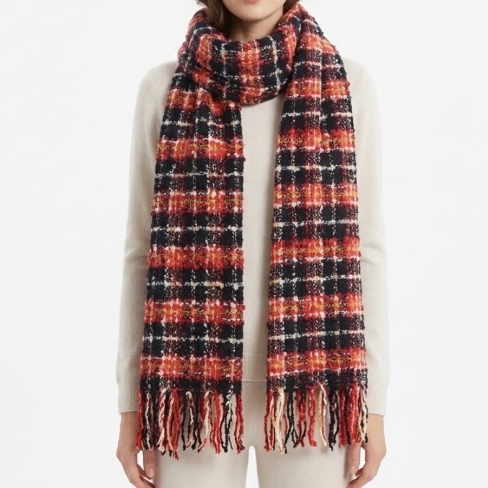 Barbour Womens Plaid Tartan Boucle Scarf Wrap Fringe 73"x19"